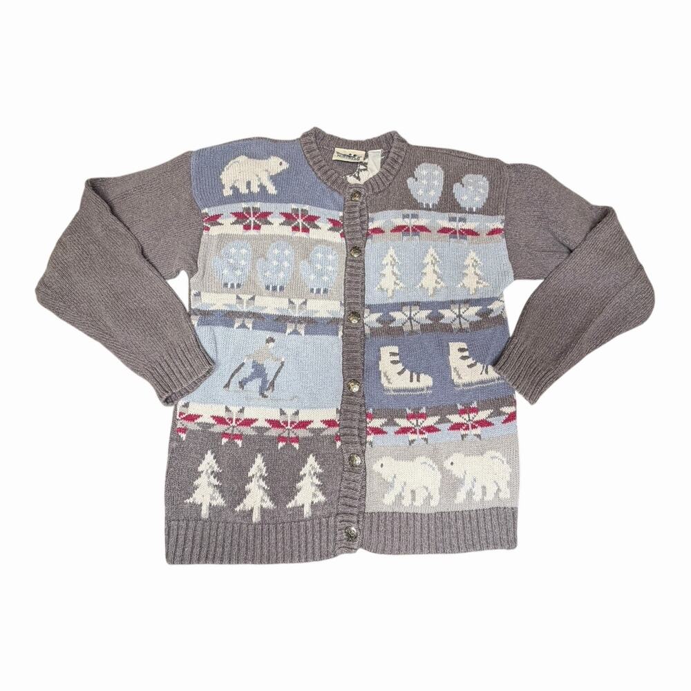 Rare Vintage Northern Reflections Winter Cardigan Sweater Polar‎ Bear Skater L
